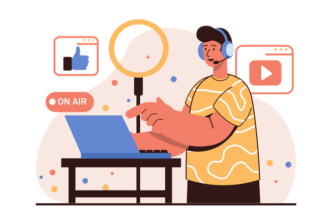 Content creator illustration showing videography, vlogging, video recording, podcast, and blogging activities